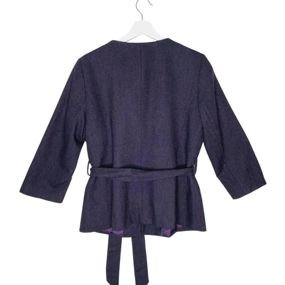 Ann Taylor Loft Jacket Women 12 Plum Wool Blend Ruffle Pleated Neck Belted Lined